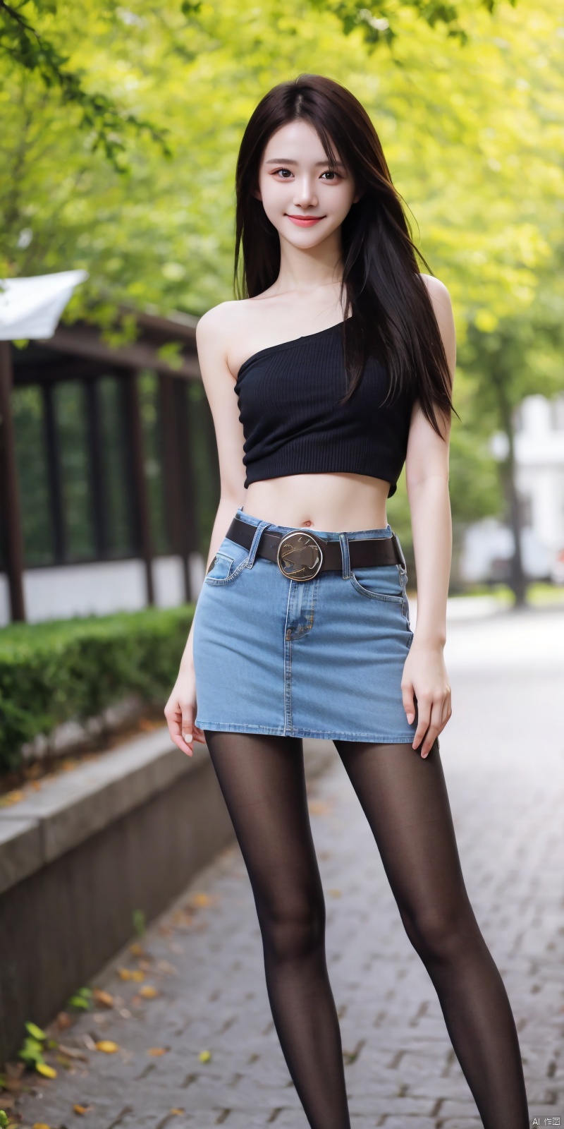  best quality, masterpiece, full_body,(Good structure), DSLR Quality,Depth of field,kind smile,looking_at_viewer,Dynamic pose,
 1girl, 3d, bare_shoulders, belt, blurry, blurry_background, blurry_foreground, branch, , , , collarbone, *******_photo, denim, denim_skirt, depth_of_field, , lips, long_hair, looking_at_viewer, midriff, miniskirt, motion_blur, navel, outdoors, photo_\(medium\), realistic, skirt, solo, standing, tree, , , , blackpantyhose, , , , , , , , nalanyanran
