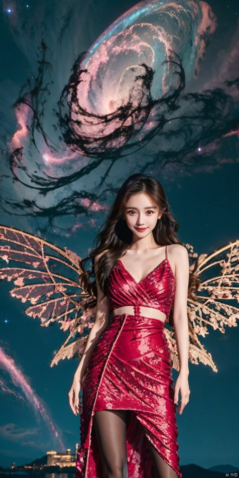  (Good structure),cowboy_shot, DSLR Quality,Depth of field,kind smile,looking_at_viewer,Dynamic pose, 1girl, wings, solo, nebula wings, breasts, , long hair, navel, dress, pink wings, looking at viewer, star , , , bare shoulders, sky, starry sky, collarbone, realistic, nebula, ((poakl)),, angel, red dress, blackpantyhose