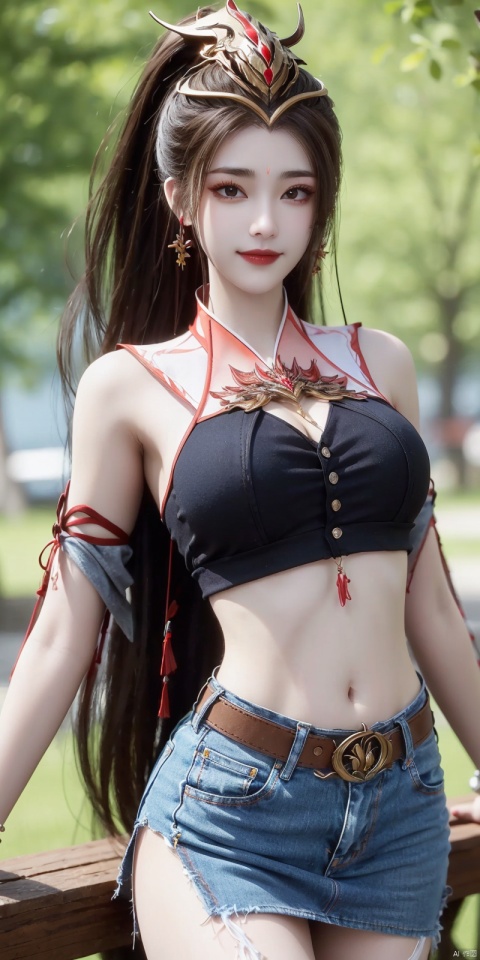  best quality, masterpiece, cowboy_shot,(Good structure), DSLR Quality,Depth of field,kind smile,looking_at_viewer,Dynamic pose,
 1girl, 3d, bare_shoulders, belt, blurry, blurry_background, blurry_foreground, branch, breasts, brown_eyes, brown_hair, collarbone, cosplay_photo, denim, denim_skirt, depth_of_field, hand_on_own_chest, lips, long_hair, looking_at_viewer, midriff, miniskirt, motion_blur, navel, outdoors, photo_\(medium\), realistic, skirt, solo, standing, tree, ,  , jiujiu