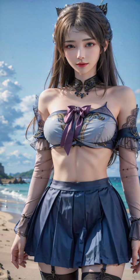 cowboy shot,(Good structure), DSLR Quality,Blue sky and white clouds on the beach,(high-detail skin) , 8K ultra-hd, , high quality, high resolution,(photo realistic: 1.3) 
, sailor senshi uniform,pink bow,pink necktie,pink sailor collar,pinkskirt,black pantyhose, , ,kind smile, , ((poakl)), 1girl, ,  