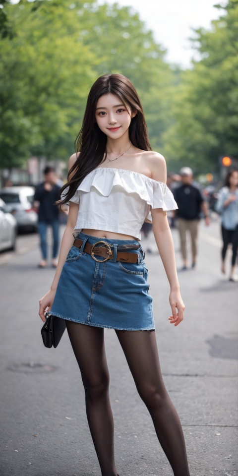  best quality, masterpiece, full_body,(Good structure), DSLR Quality,Depth of field,kind smile,looking_at_viewer,Dynamic pose,
 1girl, 3d, bare_shoulders, belt, blurry, blurry_background, blurry_foreground, branch, , , , collarbone, *******_photo, denim, denim_skirt, depth_of_field, , lips, long_hair, looking_at_viewer, midriff, miniskirt, motion_blur, navel, outdoors, photo_\(medium\), realistic, skirt, solo, standing, tree, , , , blackpantyhose, , , , , , , ,  , xuner