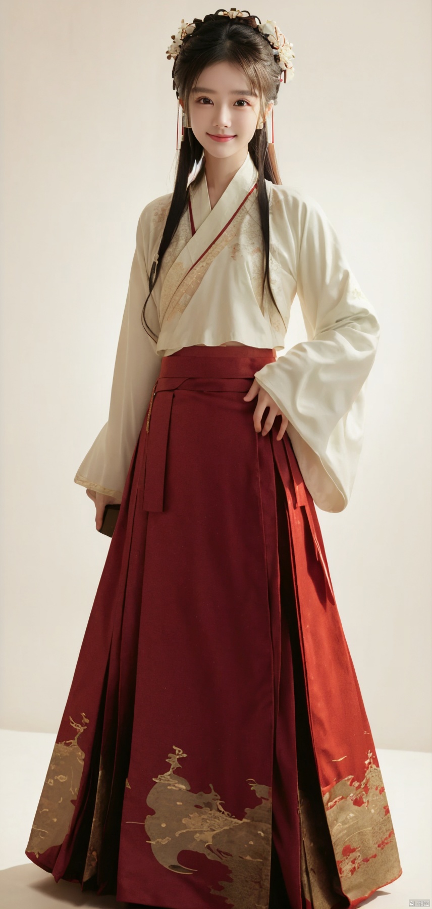best quality, masterpiece, realistic,cowboy_shot,(Good structure), DSLR Quality,Depth of field,kind smile,looking_at_viewer,Dynamic pose, 
1girl,lianmo,chinese clothes,dress,skirt,long skirt,red skirt,long sleeves,hanfu,hakama skirt,mamianqun,white shirt, 