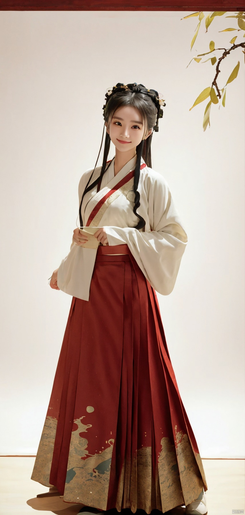 best quality, masterpiece, realistic,cowboy_shot,(Good structure), DSLR Quality,Depth of field,kind smile,looking_at_viewer,Dynamic pose, 
1girl,lianmo,chinese clothes,dress,skirt,long skirt,red skirt,long sleeves,hanfu,hakama skirt,mamianqun,white shirt