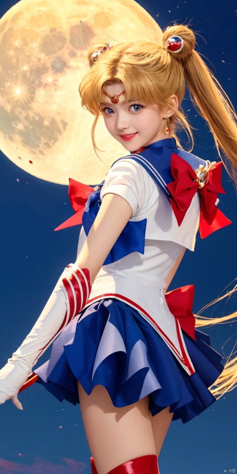 best quality, masterpiece, cowboy_shot,(Good structure), DSLR Quality,Depth of field,kind smile,looking_at_viewer,Dynamic pose, 
shuobingyue, 1girl, tsukino usagi, solo, sailor moon, long hair, blue sailor collar, sailor senshi uniform, sailor collar, magical girl, red bow, blonde hair, bow, skirt, boots, knee boots, twintails, red choker, gloves, choker, blue eyes, blue skirt, double bun, hair bun, white gloves, moon, elbow gloves, very long hair, back bow,