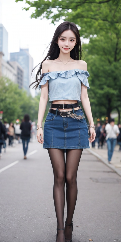  best quality, masterpiece, full_body,(Good structure), DSLR Quality,Depth of field,kind smile,looking_at_viewer,Dynamic pose,
 1girl, 3d, bare_shoulders, belt, blurry, blurry_background, blurry_foreground, branch, , , , collarbone, cosplay_photo, denim, denim_skirt, depth_of_field, , lips, long_hair, looking_at_viewer, midriff, miniskirt, motion_blur, navel, outdoors, photo_\(medium\), realistic, skirt, solo, standing, tree, , , , blackpantyhose, , , , , , angel