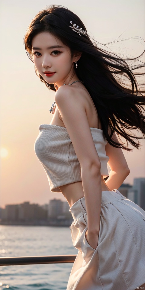  (Good structure),cowboy_shot, DSLR Quality,Depth of field ,looking_at_viewer,Dynamic pose, , kind smile,,
1girl, solo, long hair, , looking at viewer, skirt, hair ornament, bare shoulders, jewelry, , black hair, earrings, outdoors, midriff, water, necklace, lips, crop top, grey eyes, leaning forward, ocean, white skirt, strapless vest, sunset, sun, , liuyifei