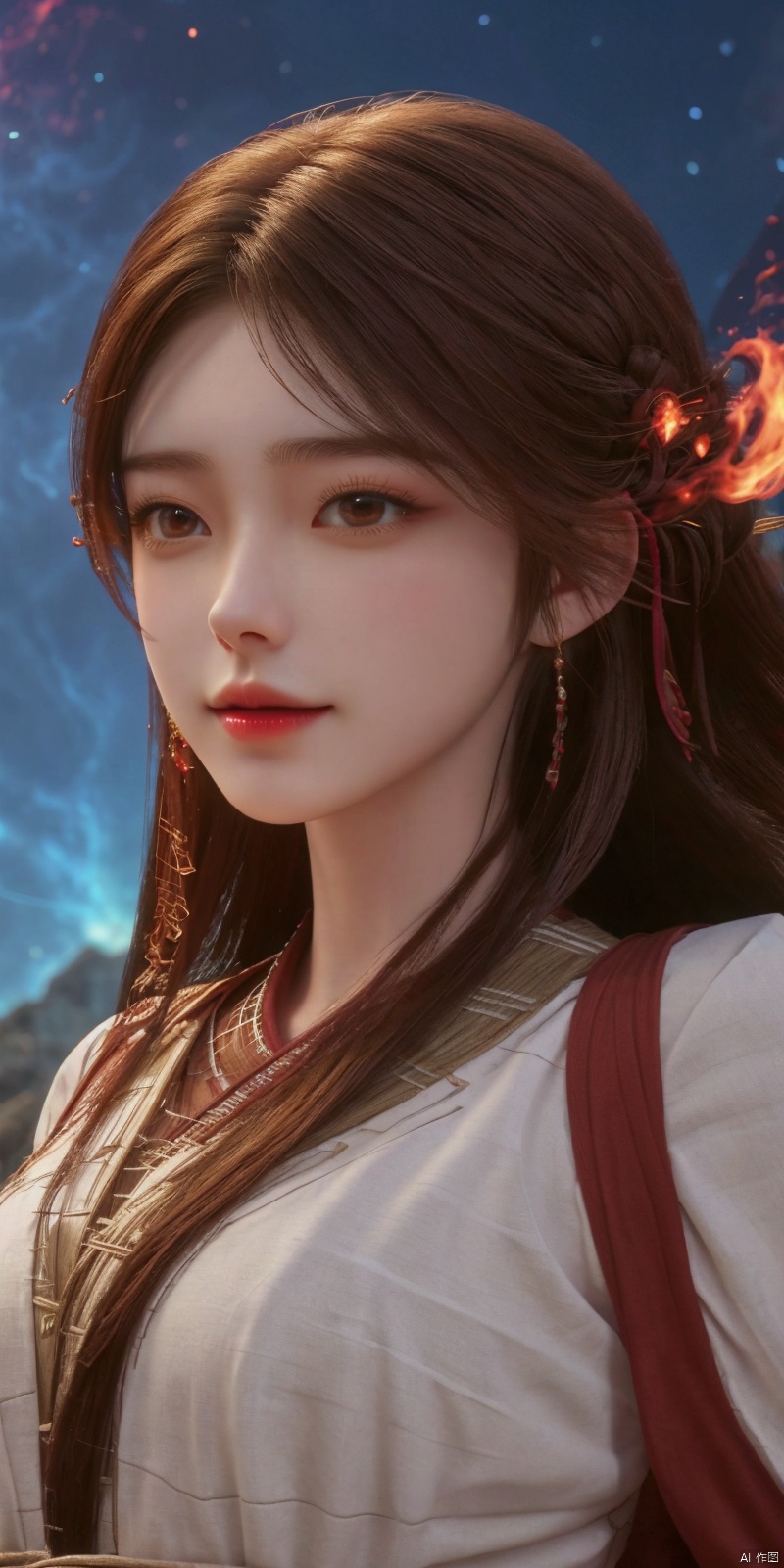  kind smile,looking_at_viewer,masterpiece, 1 girl, Look at me, Long hair, Flame, A magical scene, glowing, Floating hair, realistic, Nebula, An incredible picture, The magic array behind it, Stand, textured skin, super detail, best quality, , huolinger,dress, 1girl, qingyi, yunxi