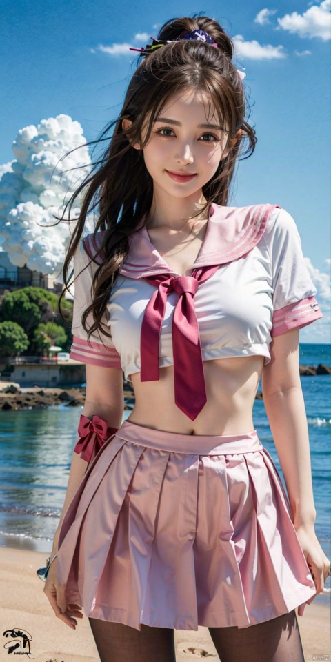  cowboy shot,(Good structure), DSLR Quality,Blue sky and white clouds on the beach,(high-detail skin) , 8K ultra-hd, , high quality, high resolution,(photo realistic: 1.3) 
, sailor senshi uniform,pink bow,pink necktie,pink sailor collar,pinkskirt,black pantyhose, , ,kind smile,  nazha, ((poakl)), 1girl