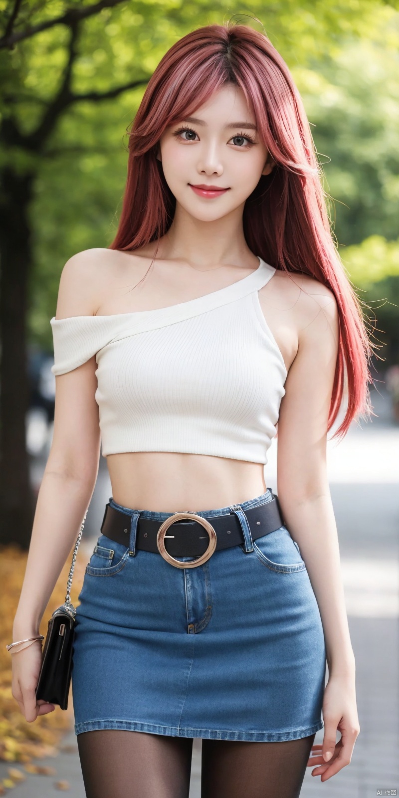  best quality, masterpiece, cowboy_shot,(Good structure), DSLR Quality,Depth of field,kind smile,looking_at_viewer,Dynamic pose,
 1girl, 3d, bare_shoulders, belt, blurry, blurry_background, blurry_foreground, branch, , , , collarbone, cosplay_photo, denim, denim_skirt, depth_of_field, , lips, long_hair, looking_at_viewer, midriff, miniskirt, motion_blur, navel, outdoors, photo_\(medium\), realistic, skirt, solo, standing, tree, , , , blackpantyhose, , yae miko,pink hair