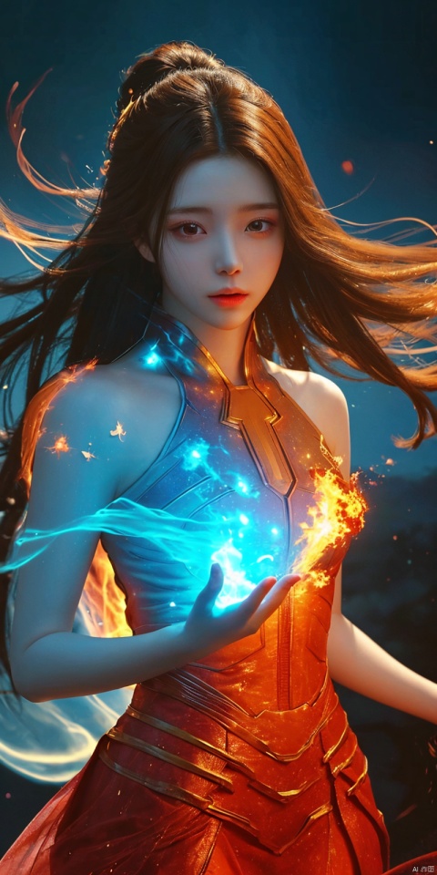  masterpiece, 1 girl, Look at me, Long hair, Flame, A magical scene, glowing, Floating hair, realistic, Nebula, An incredible picture, The magic array behind it, Stand, textured skin, super detail, best quality, ,,dress, , xuner