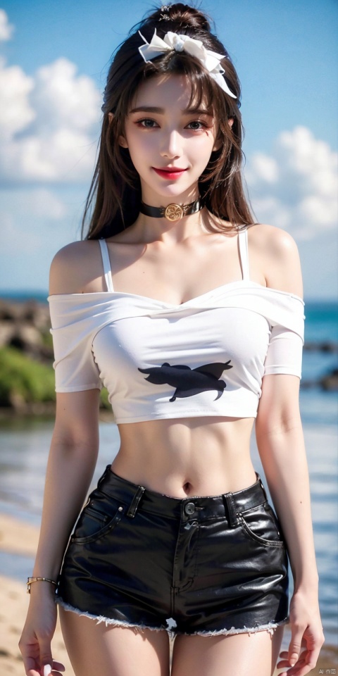  cowboy shot, Blue sky, white clouds, ocean,nai3, 1girl, shorts, solo, crop top, black shorts, choker, navel, shirt, midriff, crop top overhang, looking at viewer, white shirt, jewelry, breasts, bare shoulders, short shorts, off-shoulder shirt, off shoulder, black choker, thighs, stomach, hand on own thigh, long hair, bracelet, short sleeves, ribbon, hand up, collarbone, hair ribbon, medium breasts, standing, high-waist shorts, dolphin shorts, bra strap, , hair ornament, thigh gap, necklace, expressionless, , ,kind smile, , , tianhu