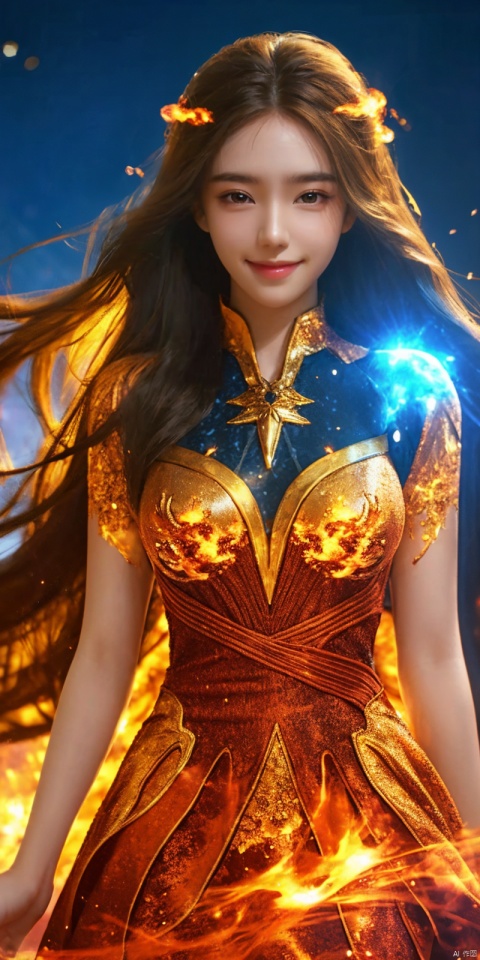  (Good structure), DSLR Quality,Depth of field,kind smile,looking_at_viewer,Dynamic pose, masterpiece, 1 girl, Look at me, Long hair, Flame, A magical scene, glowing, Floating hair, realistic, Nebula, An incredible picture, The magic array behind it, Stand, textured skin, super detail, best quality, ,dress, 1girl, yanlingji, ((poakl))