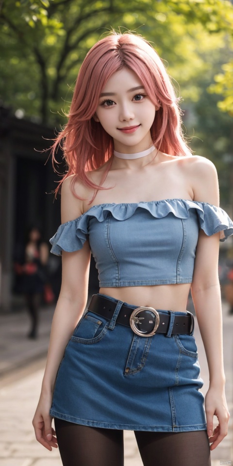  best quality, masterpiece, cowboy_shot,(Good structure), DSLR Quality,Depth of field,kind smile,looking_at_viewer,Dynamic pose,
 1girl, 3d, bare_shoulders, belt, blurry, blurry_background, blurry_foreground, branch, , , , collarbone, cosplay_photo, denim, denim_skirt, depth_of_field, , lips, long_hair, looking_at_viewer, midriff, miniskirt, motion_blur, navel, outdoors, photo_\(medium\), realistic, skirt, solo, standing, tree, , , , blackpantyhose, , yae miko,pink hair