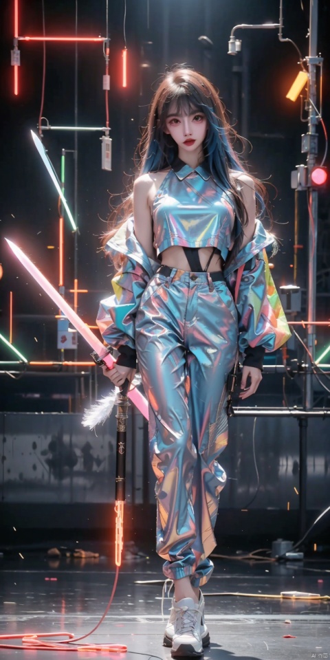  1 girl, loose clothes, (holding a samurai sword) (blue hair, blue eyes, three-dimensional facial features, big eyes, light makeup, lying silkworm), (loli height, standing on a mirrored stage, full body photo), (overhead view), (workwear pants, clothing - street hip-hop), (exquisite masterpiece), (holographic projection), (cyberpunk style), (mechanical modular background), (Luminous circuit) (Flashing neon light) (Blue illuminated background) (Background blurring treatment), Light-electric style, fangfang