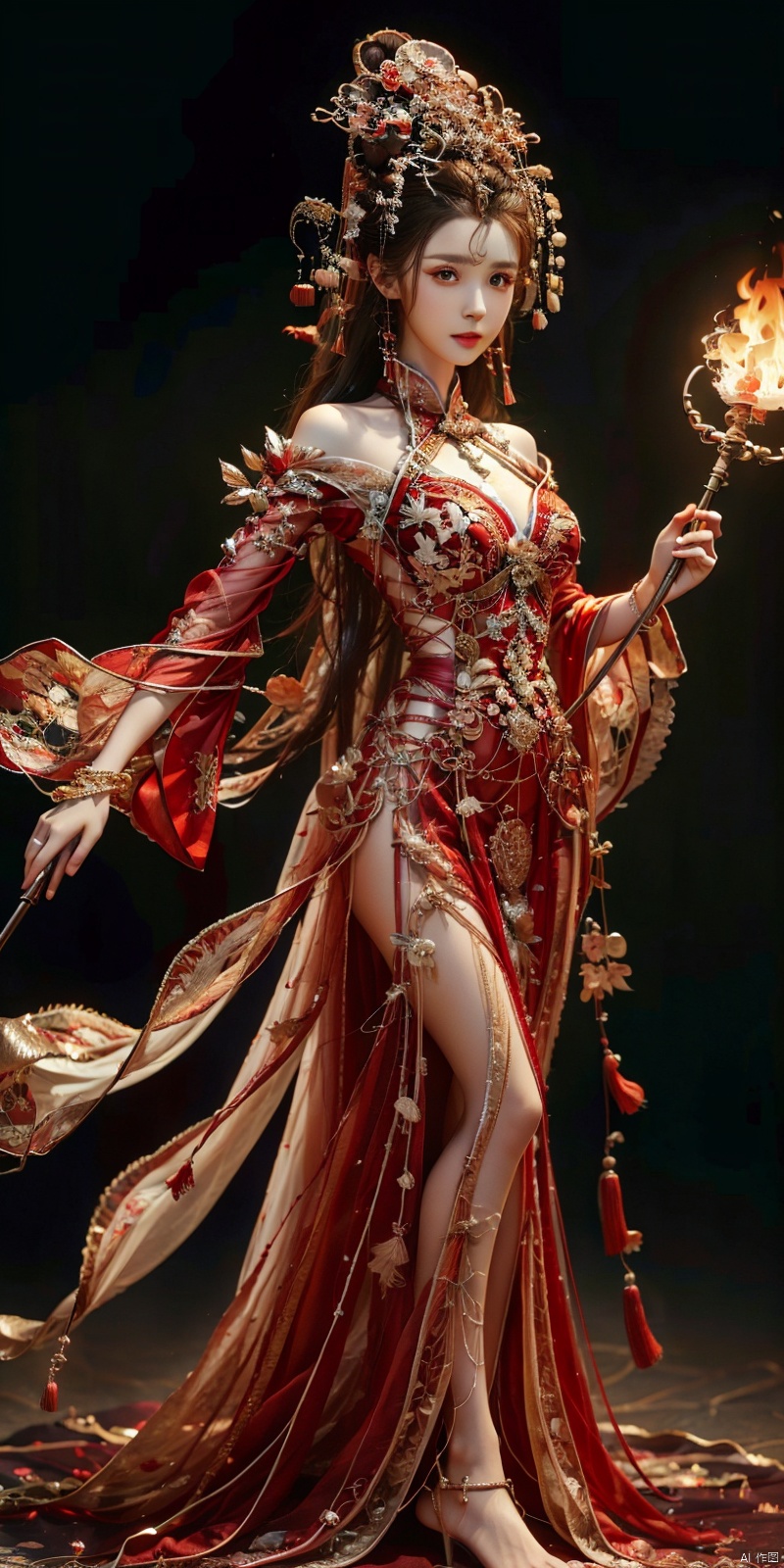   cowboy_shot,(Good structure), DSLR Quality,Depth of field,kind smile,looking_at_viewer,Dynamic po,masterpiece, official art, extremely detailed cg unity 8k wallpaper, highly detailed, absurdres, 8k resolution, 1girl, long hair, solo, black hair, dress, holding, fire, white dress, staff, barefoot, jewelry, dark skin, long dress, breasts, weapon, full body, polearm, holding staff, bracelet, looking at viewer, dark-skinned female, standing, torn clothes, blood, spear, holding weapon, medium breasts, floating hair, closed mouth, embers, holding polearm , depth of field, panorama, cinematic lighting, ray tracing, ((poakl)), chineseclothes, hanikezi