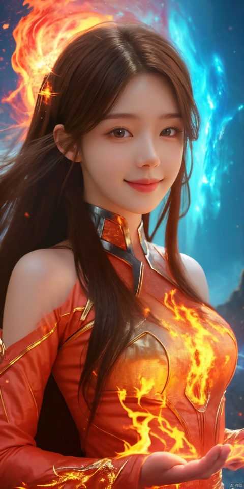  kind smile,looking_at_viewer,masterpiece, 1 girl, Look at me, Long hair, Flame, A magical scene, glowing, Floating hair, realistic, Nebula, An incredible picture, The magic array behind it, Stand, textured skin, super detail, best quality, , huolinger,dress, 1girl