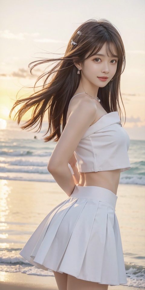  (Good structure),cowboy_shot, DSLR Quality,Depth of field ,looking_at_viewer,Dynamic pose, , kind smile,,
1girl, solo, long hair, , looking at viewer, skirt, hair ornament, bare shoulders, jewelry, , black hair, earrings, outdoors, midriff, water, necklace, lips, crop top, grey eyes, leaning forward, ocean, white skirt, strapless vest, sunset, sun, wangyushan