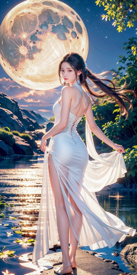  1 girl,(translucent white gauze dress:1.3), (moon), moonlight, water surface, long hair, windy, ((poakl)), xuner