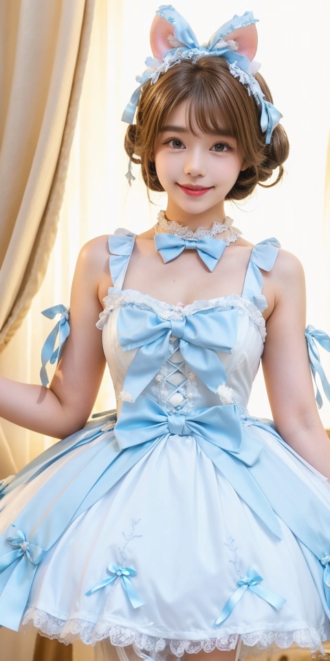  (Good structure), DSLR Quality,,,Girl, bare shoulders,  , boobs, bow tie, brown eyes, cat ears, collar, ((Lolita Dress: 1.4)) , blue and white Lolita dress, wrinkled leg outfit, hand-held, lips, nose, shoulders, , alone,  , kind smile, looking at the audience, white leg costume, wrist cuffs, 1girl,,looking_at_viewer, lolidress, ,brown hair, youna,short_hair