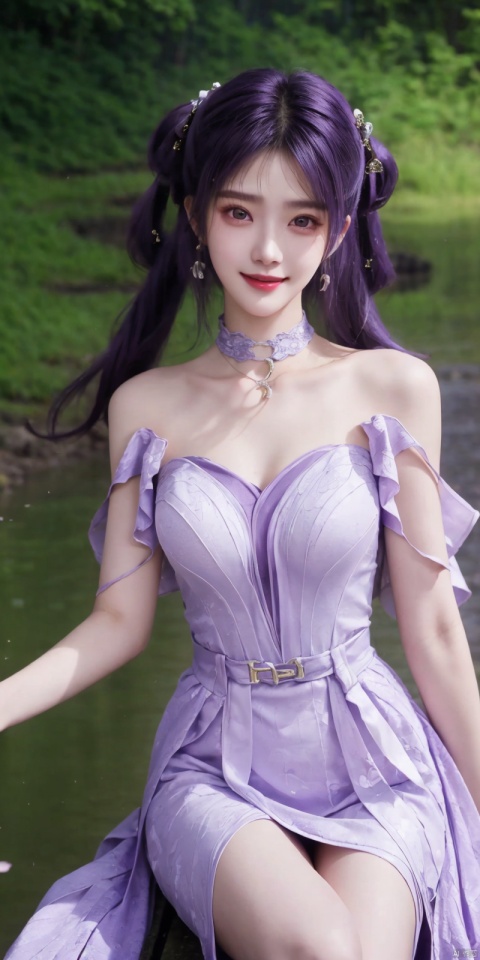 best quality, masterpiece, realistic,cowboy_shot,(Good structure), DSLR Quality,Depth of field,kind smile,looking_at_viewer,Dynamic pose, 
1girl, solo, long hair, breasts, looking at viewer, bangs,   hair ornament, dress, ribbon,  , bare shoulders, twintails, jewelry, medium breasts, sitting, very long hair, purple eyes, collarbone, hair ribbon, purple hair, flower, thighs, earrings, outdoors, parted lips, sleeveless, choker, hand up, hair flower, water,  white dress, bare arms, petals,  , sleeveless dress, black choker, short dress, frilled dress, white flower, purple ribbon, spaghetti strap,
 ,purple_hair, , jiziyue,red dress