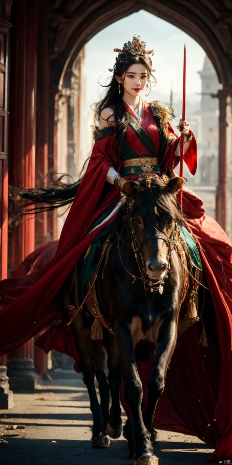 best quality, masterpiece, realistic,full_body,(Good structure), DSLR Quality,Depth of field,kind smile,looking_at_viewer,Dynamic pose, 
, 1girl,Wearing a jade crown, shining silver armor, and wearing a lion headband. Treading towards the sky with cow tendon boots; Wearing a crimson cloak on her shoulders, carrying a three foot green blade on her waist, and carrying an iron tire bow on her back, coupled with her tall figure and resolute expression,Facing the camera, liuyifei,  