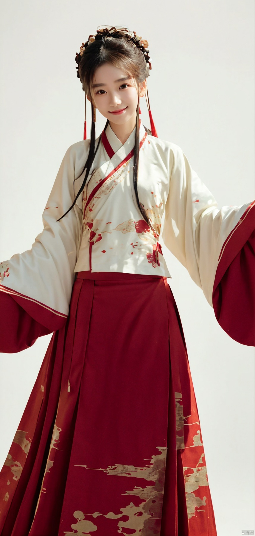 best quality, masterpiece, realistic,cowboy_shot,(Good structure), DSLR Quality,Depth of field,kind smile,looking_at_viewer,Dynamic pose, 
1girl,lianmo,chinese clothes,dress,skirt,long skirt,red skirt,long sleeves,hanfu,hakama skirt,mamianqun,white shirt, 