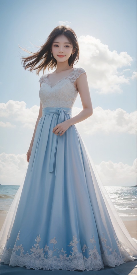  cowboy_shot,(Good structure), Blue sky and white clouds on the beach,Masterpiece, (ultra wide angle lens: 1.2), Unity8k wallpaper, best quality, (detail shadow: 1.1), a beautiful girl, on a sea of light blue silk, translucent silk, floating light blue silk, surrealist style, minimalism, highly detailed texture, light blue, white clean background, CG rendering, light passing through clouds, 8k resolution, (motion photo: 1.2), (Fidelity: 1.4), original photos, movie lighting, 1girl,, , ((poakl)),kind smile, , weddingdress, , jiajingwen