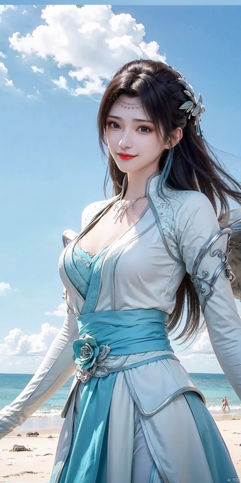  (Good structure),cowboy_shot, DSLR Quality,Depth of field ,looking_at_viewer,Dynamic pose, , kind smile,, Blue sky and white clouds on the beach,Masterpiece, (ultra wide angle lens: 1.2), Unity8k wallpaper, best quality, (detail shadow: 1.1), a beautiful girl, on a sea of light blue silk, translucent silk, floating light blue silk, surrealist style, minimalism, highly detailed texture, light blue, white clean background, CG rendering, light passing through clouds, 8k resolution, (motion photo: 1.2), (Fidelity: 1.4), original photos, movie lighting, 1girl,, , ,kind smile, , weddingdress,,, , yunyun,wings