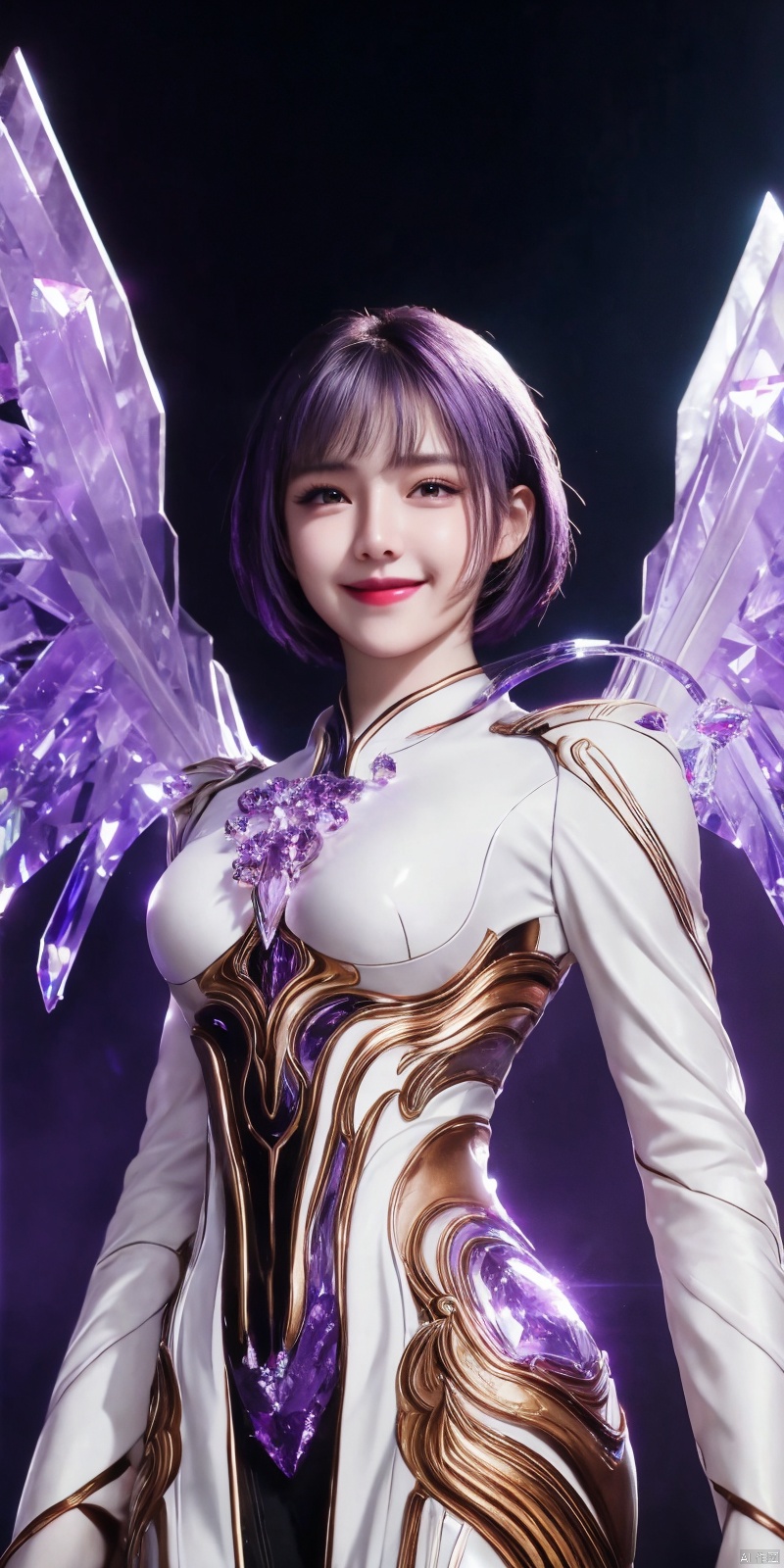  best quality, masterpiece, cowboy_shot,(Good structure), DSLR Quality,Depth of field,kind smile,looking_at_viewer,Dynamic pose, 
1 girl,(Purple light effect),hair ornament,jewelry,looking at viewer, , , dofas,(ultra-detailed crystallization),transparent crystals, , , dress, , , Purple light effect, , jiqing,short_hair,wings