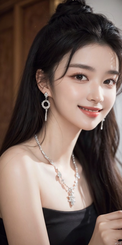 best quality, masterpiece, realistic,,(Good structure), DSLR Quality,Depth of field,kind smile,looking_at_viewer,Dynamic pose,  pose for picture, 
wangchuran, 1girl, jewelry, solo, black hair, realistic, necklace, long hair, earrings, upper body