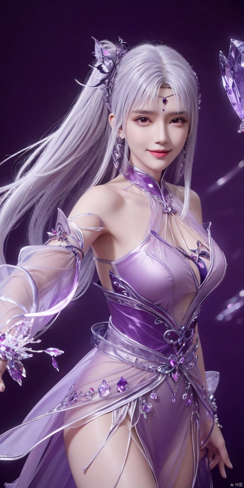  best quality, masterpiece, (Good structure),cowboy_shot, DSLR Quality,Depth of field ,looking_at_viewer,Dynamic pose, , kind smile,
1 girl,(Purple light effect),hair ornament,jewelry,looking at viewer, , dofas,(ultra-detailed crystallization),transparent crystals, , , , , ,, xiaoyixian,white hair