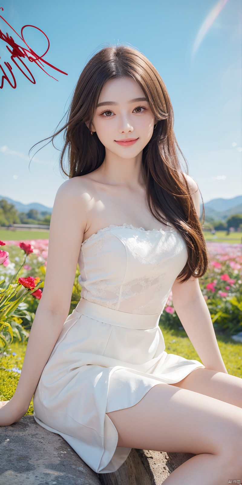  (Good structure),cowboy_shot, DSLR Quality,Depth of field ,looking_at_viewer,Dynamic pose, , kind smile,
best quality, masterpiece, illustration, (reflection light), incredibly absurdres, ((Movie Poster), (signature:1.3), (English text), 1girl, girl middle of flower, pure sky,clear sky, outside, collarbone, sitting, absurdly long hair, clear boundaries of the cloth, white dress, fantastic scenery, ground of flowers, thousand of flowers, colorful flowers, flowers around her, various flowers,bare shoulders,skirt, sandals,,, , tasha