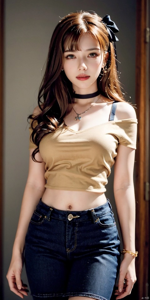 nai3, 1girl, shorts, solo, crop top, choker, pencil skirt, skirt, , navel, shirt, midriff, crop top overhang, looking at viewer, white shirt, jewelry, breasts, cowboy shot, bare shoulders,  off-shoulder shirt, off shoulder, black choker, thighs, stomach, hand on own thigh, long hair, bracelet, short sleeves, ribbon, hand up, collarbone, hair ribbon, medium breasts, standing, , , bra strap, kind smile, hair ornament, thigh gap, bangs, necklace, expressionless,, , heiguafu,brown-hair