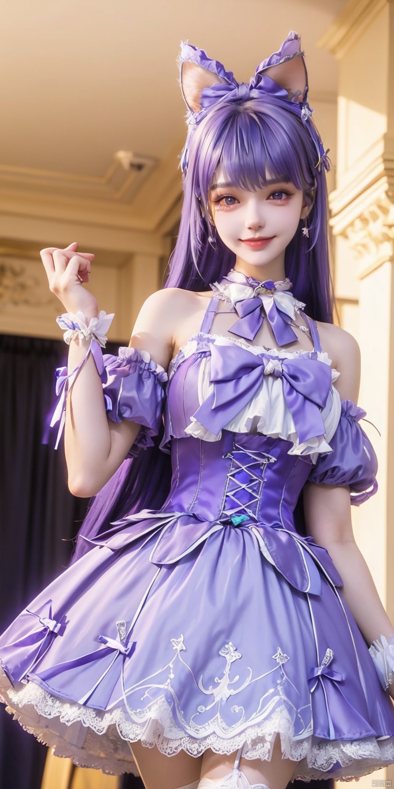  (Good structure), DSLR Quality,Depth of field,kind smile,looking_at_viewer,Dynamic pose, ,(wariza),,Girl, bare shoulders, blue hair, boobs, bow tie, brown eyes, cat ears, collar, ((Lolita Dress: 1.4)) , blue and white Lolita dress, wrinkled leg outfit, hand-held, lips, nose, shoulders, , alone, long_hair, kind smile, looking at the audience, white leg costume, wrist cuffs, 1girl,,looking_at_viewer, , lolidress, ,, ,purple hair, shengcaier