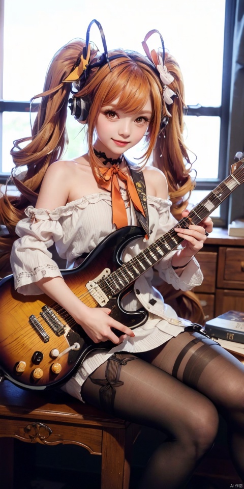  (Good structure),cowboy_shot,solo, 1girl, long hair, ,, thighhighs, very long hair, 
(masterpiece), (best quality), illustration, ultra detailed, hdr, Depth of field, (colorful), loli, 1girl, instrument, solo, long hair, very long hair, detached sleeves, sitting, neck ribbon, headphones, ribbon, high heels, playing instrument, guitar,holding, music, , holding instrument, petals, , bare shoulders, hair between eyes, stool,looking at viewer, hair ornament, nail polish,electric guitar, smile, ((poakl)), blackpantyhose, anqila,anqila,orange hair,twintails,yelloweyes