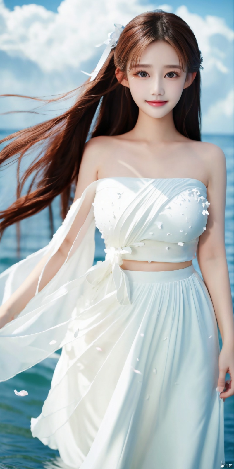  DSLR, depth of field, (1girl:1.2), , very long hair, low twintails, yellow eyes, light smile, looking at viewer, white shirt, white skirt, (flying white chiffon:1.5), bare shoulder, (flying blue petals:1.2), (standing above water surface), sky background, (cloud:1.2), white bird, floating water drops, (white border:1.2) , 
backlight, , jujingyi, taoist robe, ll-hd,(((large breasts)), depth of field,,  ((poakl)), litongqin