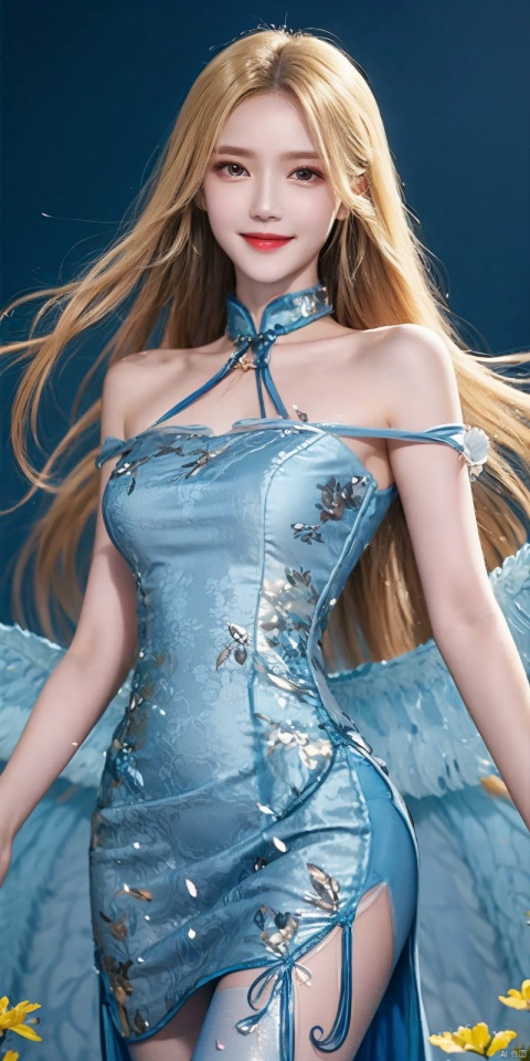  best quality, masterpiece, realistic,cowboy_shot,(Good structure), DSLR Quality,Depth of field,kind smile,looking_at_viewer,Dynamic pose, 
(solo), 1girl, , long hair, Wind, flowing hair, ,kind smile,
,((A colorful garden background with fluttering petals)) , (blue color dress), (blue color of china dress),female_solo,dress, qipao,( black pantyhose),print legwear, ,, qianrenxue,Yellow hair,red dress