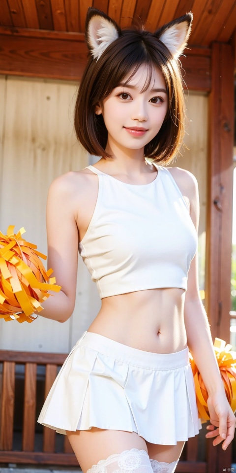 best quality, masterpiece, realistic,cowboy_shot,(Good structure), DSLR Quality,Depth of field,kind smile,looking_at_viewer,Dynamic pose, 
1girl, solo, breasts, looking at viewer, blush, smile, short hair, skirt, brown hair, shirt, thighhighs, navel, holding, animal ears, bare shoulders, underwear, standing, panties, tail, yellow eyes, white shirt, thighs, cowboy shot, pleated skirt, small breasts,, sleeveless, midriff, black thighhighs, indoors, miniskirt, stomach, white panties, grin, crop top, animal ear fluff, bare arms, fox ears, sleeveless shirt, fox tail, halo, pantyshot, white skirt, fox girl, brown thighhighs, cheerleader, pom pom \(cheerleading\), crop top overhang, holding pom poms,  , jiajingwen