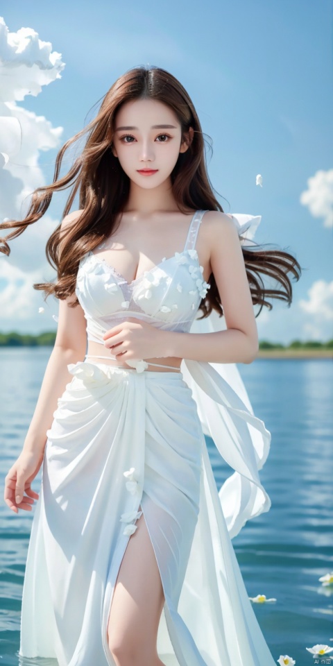 (Good structure), DSLR Quality, depth of field, (1girl:1.2), , very long hair,, yellow eyes, light smile, looking at viewer, white shirt, white skirt, (flying white chiffon:1.5), bare shoulder, (flying blue petals:1.2), (standing above water surface), sky background, (cloud:1.2), white bird, floating water drops, (white border:1.2) , 
backlight, , taoist robe, ll-hd,(((large breasts)), depth of field,, ((poakl)),  dililengba,looking_at_viewer,, 1girl