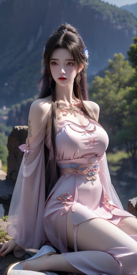  masterpiece, best quality, partially unbuttoned,looking_at_viewer, 1girl,pubic tattoo on underbelly, huge_filesize, wallpaper, incredibly_absurdres, real, realistic,In the canyon,(Rivers),((giantess)),Beauty,Filter effect, hair over shoulder, purple silver hair, wavy hair, heterochromia blue red, heart-shaped pupils, huge breasts,China Xianxia Dress,Guofeng dress,High heels, 