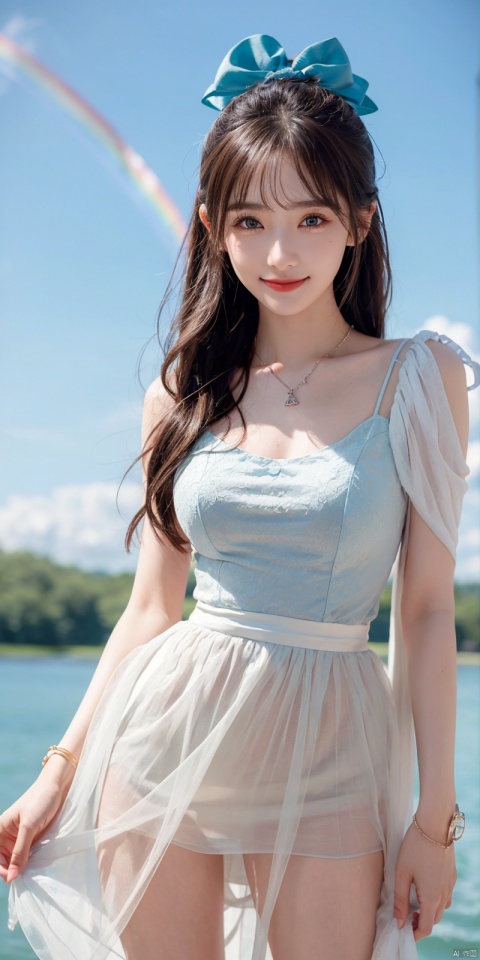  best quality, masterpiece, realistic, ,(Good structure), DSLR Quality,Depth of field,kind smile,looking_at_viewer,Dynamic pose, 
1girl, solo, long hair, breasts, looking at viewer, blush, , bangs, blue eyes,, dress, bow, , bare shoulders, jewelry, very long hair, collarbone, ponytail, white hair, hair bow, thighs, outdoors, sky, sleeveless, day, cloud, water, necklace, white dress, hair over one eye, bracelet, blue sky, blue bow, wading, pendant, doll, skirt hold, rainbow, anastasia \(fate\), , lianmo