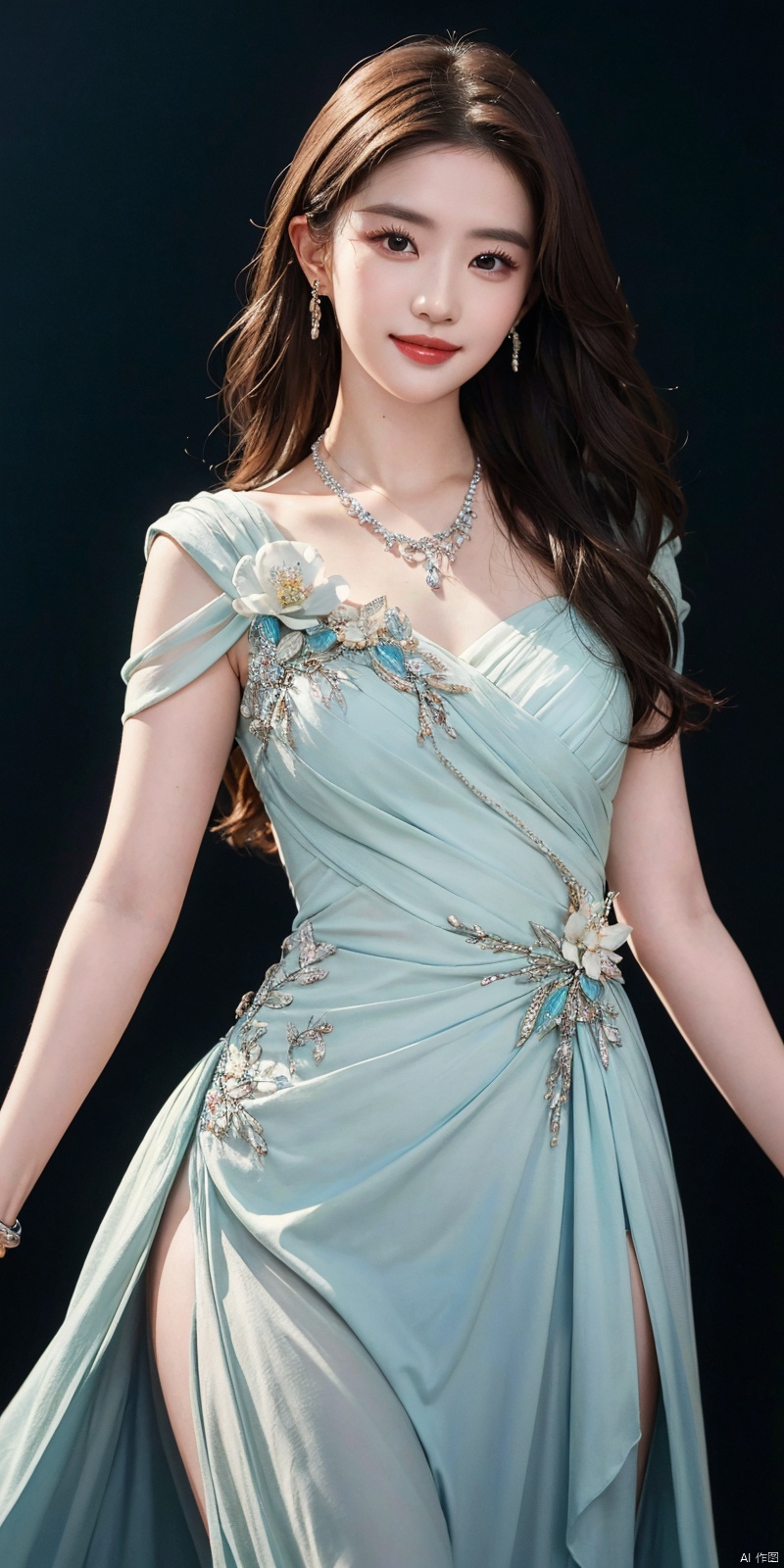  best quality, masterpiece, realistic, ,(Good structure), DSLR Quality,Depth of field,kind smile,looking_at_viewer,Dynamic pose, 

liuyifei, 1girl, jewelry, solo, dress, earrings, realistic, necklace, long hair, bracelet, brown hair, lips, blue background, flower