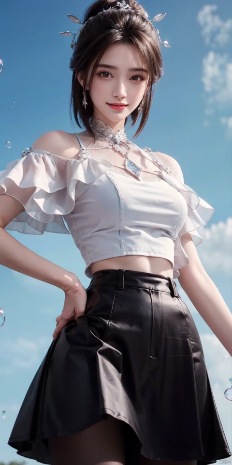  (Good structure),cowboy_shot, DSLR Quality,Depth of field ,looking_at_viewer,Dynamic pose, , kind smile,,
1girl, solo, breasts, looking at viewer, short hair, skirt, brown hair, bare shoulders, brown eyes, jewelry, standing, short sleeves, cowboy shot, parted lips, midriff, black skirt, necklace,  lips, crop top, bubble, luxueqi, blackpantyhose