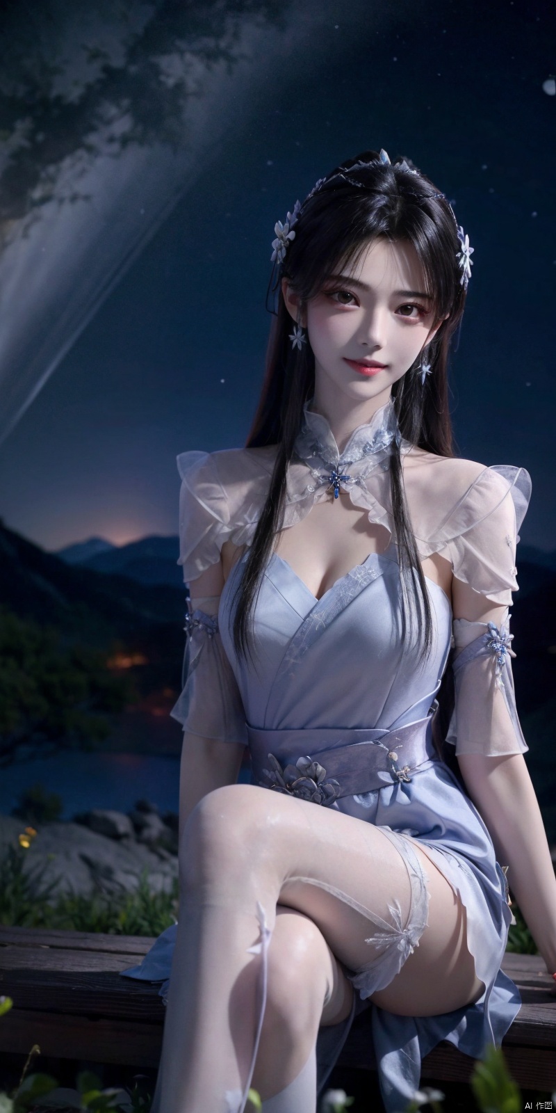  best quality, masterpiece, ,(Good structure), DSLR Quality,Depth of field,kind smile,looking_at_viewer,Dynamic pose, realistic ,
On the mountaintop, you can see the starry sky, and a beautiful girl is sitting on the grass. It is a masterpiece of a master, with stunning beauty, eye close-up, natural beauty, long legs, and short skirt, ,blackpantyhose, xiaqingyue