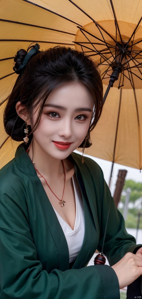  best quality, masterpiece,cowboy shot,(Good structure), DSLR Quality,Depth of field,kind smile,looking_at_viewer,Dynamic pose,,
zhangmin, 1girl, jewelry, solo, earrings, black hair, looking at viewer, realistic, necklace, umbrella, chinese clothes