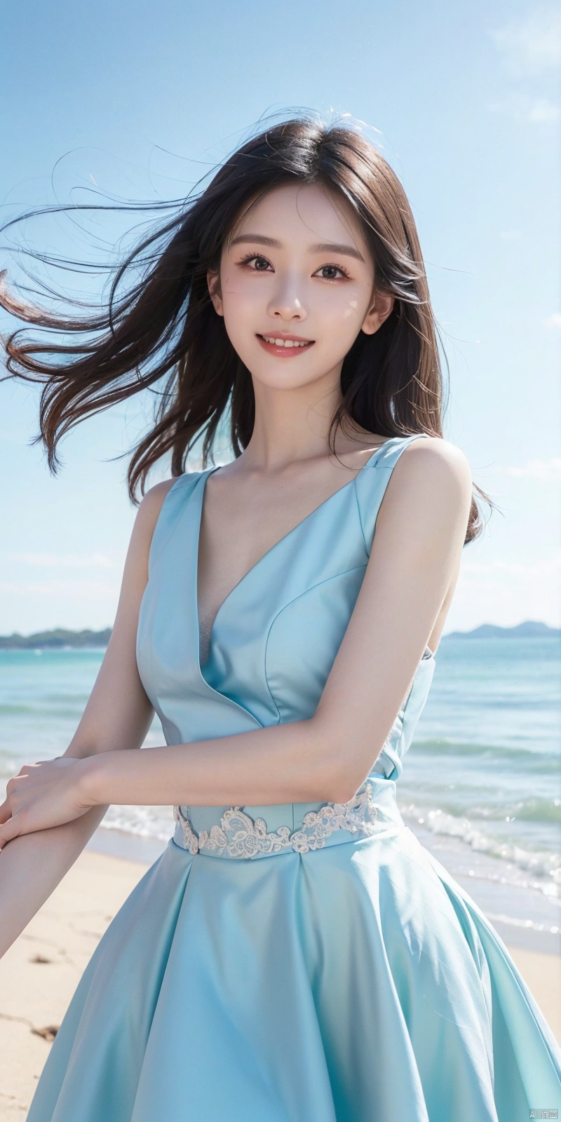  best quality, masterpiece, cowboy_shot,(Good structure), DSLR Quality,Depth of field,kind smile,looking_at_viewer,Dynamic pose, 
, Blue sky and white clouds on the beach,Masterpiece, (ultra wide angle lens: 1.2), Unity8k wallpaper, best quality, (detail shadow: 1.1), a beautiful girl, on a sea of light blue silk, translucent silk, floating light blue silk, surrealist style, minimalism, highly detailed texture, light blue, white clean background, CG rendering, light passing through clouds, 8k resolution, (motion photo: 1.2), (Fidelity: 1.4), original photos, movie lighting, 1girl,, ,,kind smile, , weddingdress, , duling