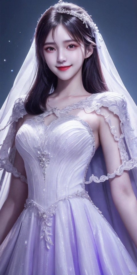  best quality, masterpiece, cowboy_shot,(Good structure), DSLR Quality,Depth of field,kind smile,looking_at_viewer,Dynamic pose, 
A chinese girl,Stunning crystal wedding dress cape, lavender, magic, soft lighting effects, blue dream background, octane rendering, surreal, HD 16K-AR, weddingdress, xuxin,