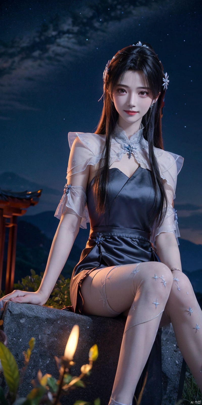  best quality, masterpiece, ,(Good structure), DSLR Quality,Depth of field,kind smile,looking_at_viewer,Dynamic pose, realistic ,
On the mountaintop, you can see the starry sky, and a beautiful girl is sitting on the grass. It is a masterpiece of a master, with stunning beauty, eye close-up, natural beauty, long legs, and short skirt, ,blackpantyhose, xiaqingyue