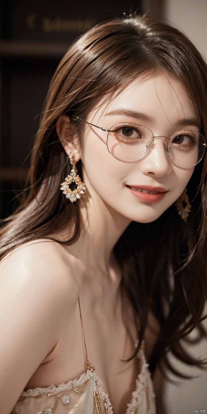  best quality, masterpiece, realistic,cowboy_shot,(Good structure), DSLR Quality,Depth of field,kind smile,looking_at_viewer,Dynamic pose, 
longni, 1girl, solo, glasses, long hair, looking at viewer, earrings, jewelry, lips, brown hair, blurry, realistic