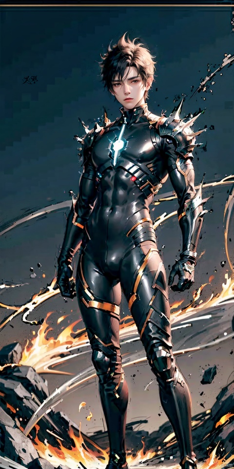  asuo,1boy,male focus,solo,bodysuit,full body,looking at viewer,white background,wind,fire,electricity,black hair,glowing,black bodysuit,clenched hands,spiked hair,standing,simple background,short hair,gloves, cyborg, ((poakl)), Light master, Detail